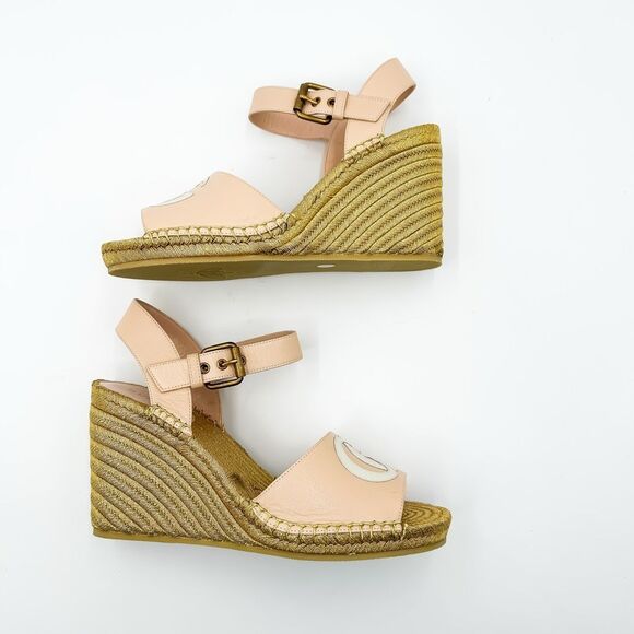 Gucci GG Pink Espadrille Gold Wedge Sandals New Size 38, 8 - Picture 8 of 14